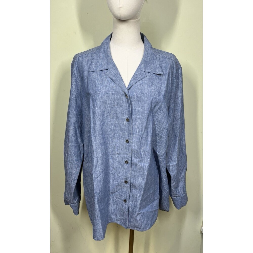Villager Women A Liz Claiborne Co Sz 2X Blue Linen Blend Button Front Casual Top